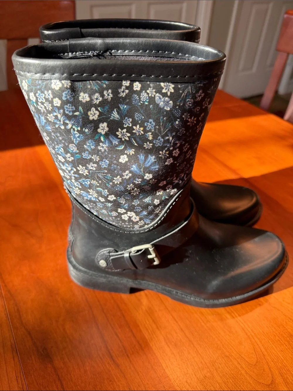 UGG Sivada Liberty Black Floral Mid-Calf Rain Boots with Buckle Accent